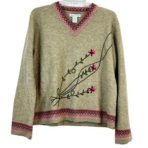 Deane & White Cottagecore 100%  Lambswool Embroidered Floral Sweater Size XL